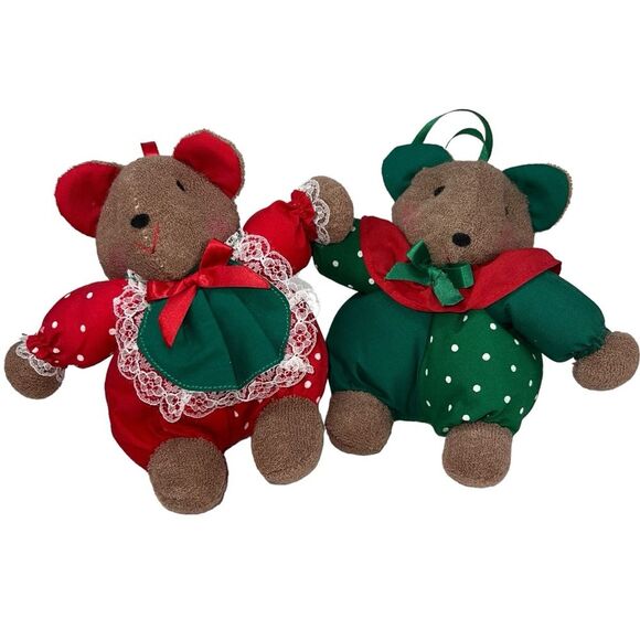Vintage Chubby Christmas Mice or Bears Ornaments Set of 2 Stuffed - Picture 1 of 14